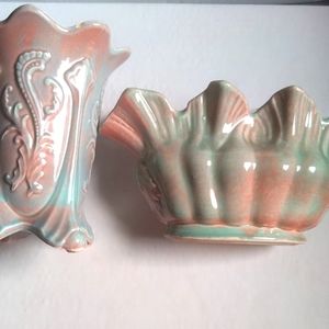 Two Pink Teal Artistic Potteries California USA Vases